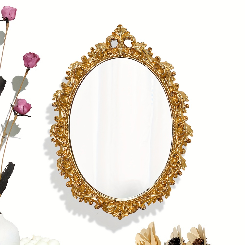 

French Classic Gold Leaf Carved Mirror Vintage Luxury Oval Resin Wall Mount Makeup Mirror With Glass Surface Without Electricity Use