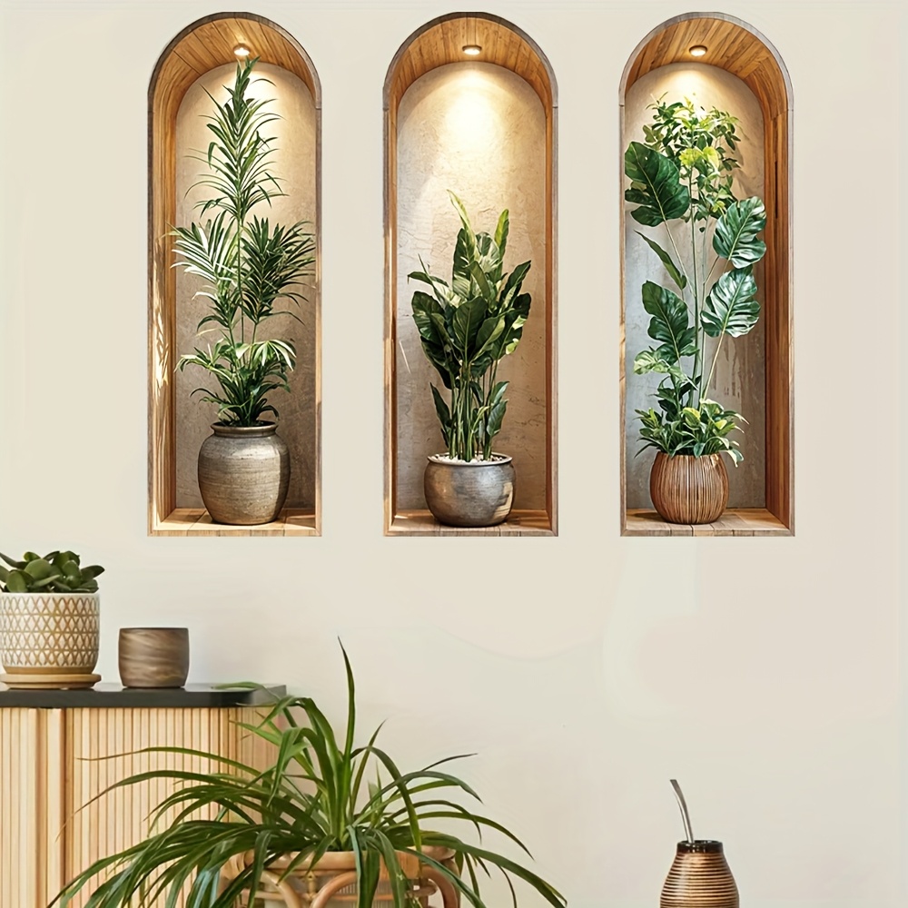 TEMU Set Of 3 Wall Stickers Featuring Plants With A Mediterranean , Rustic Wooden Frame, And Palm Monstera Leaves, Perfect For Farmhouse-style