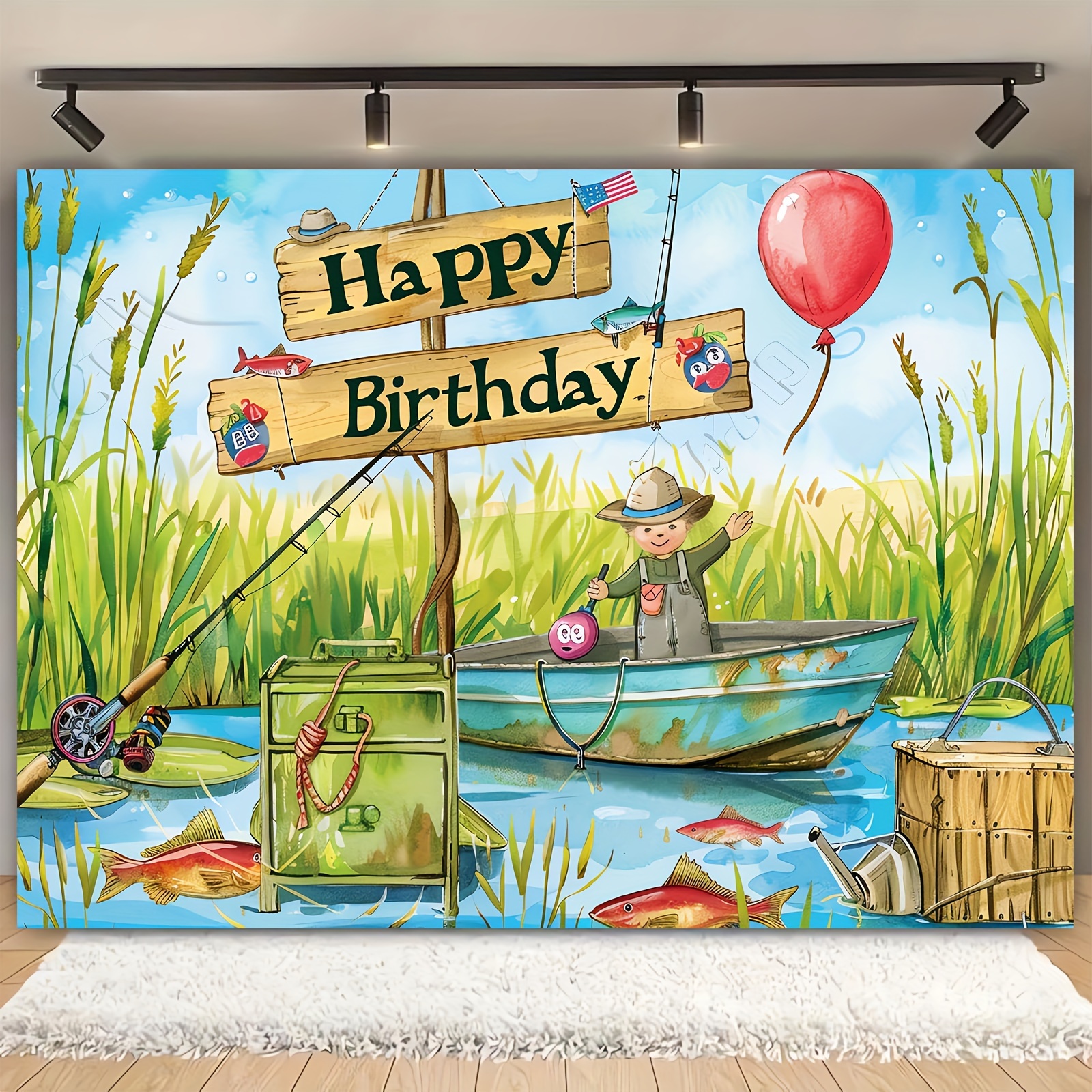 1pc happy birthday polyester photography backdrop multipurpose fishing pool theme banner decorations for spring and summer occasions atmosphere decoration props without electricity use