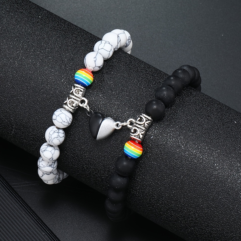 

2pcs Couples Natural Stone Bracelet Set - Black & Beads With Rainbow , Magnetic Heart Charm, Fashion Accessory For Men And Women