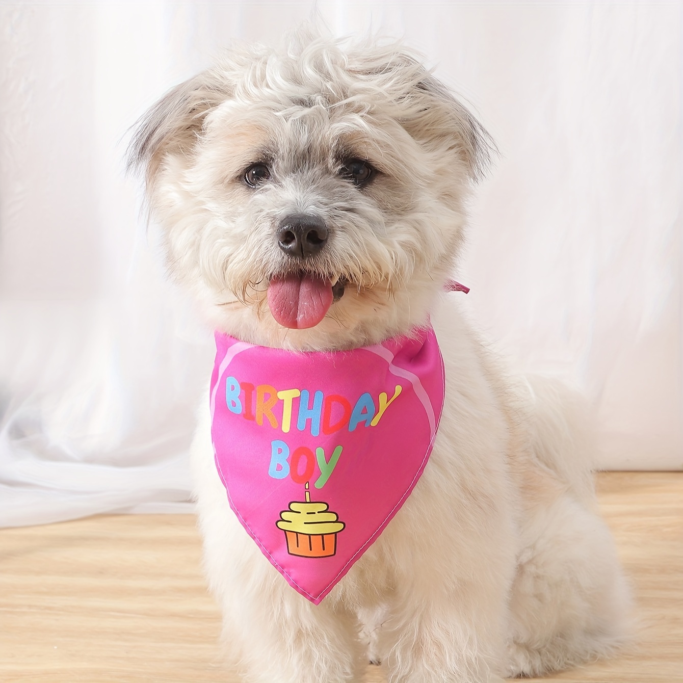 

Festive Birthday Bandana For Small To Medium Dogs - Celebrate Your Pet's Special Day With A Vibrant Pink Scarf Featuring A Cupcake Design And The Words 'birthday Boy' In Colorful Letters