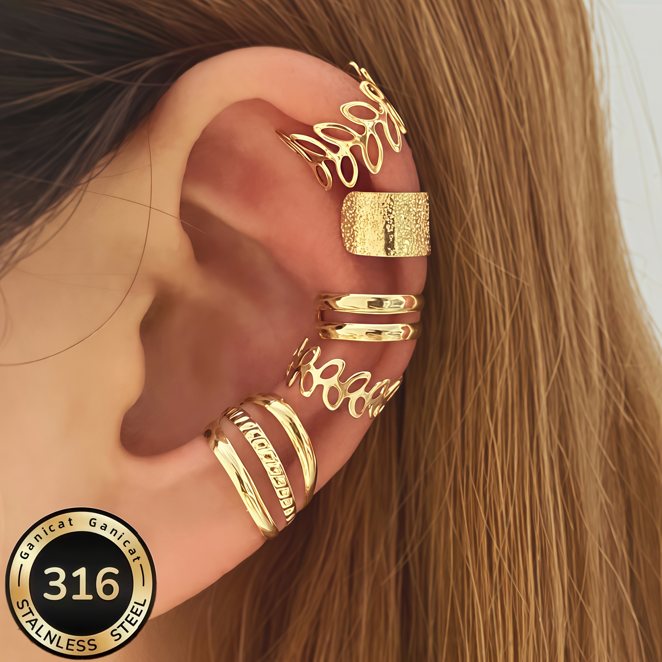 TEMU [ganicat ] Steel Set Of 5 Hollow Ear Cuffs- Vintage Bohemian Style, No Piercings Required- Suitable For Casual Wear And Gifts- Cute Earrings