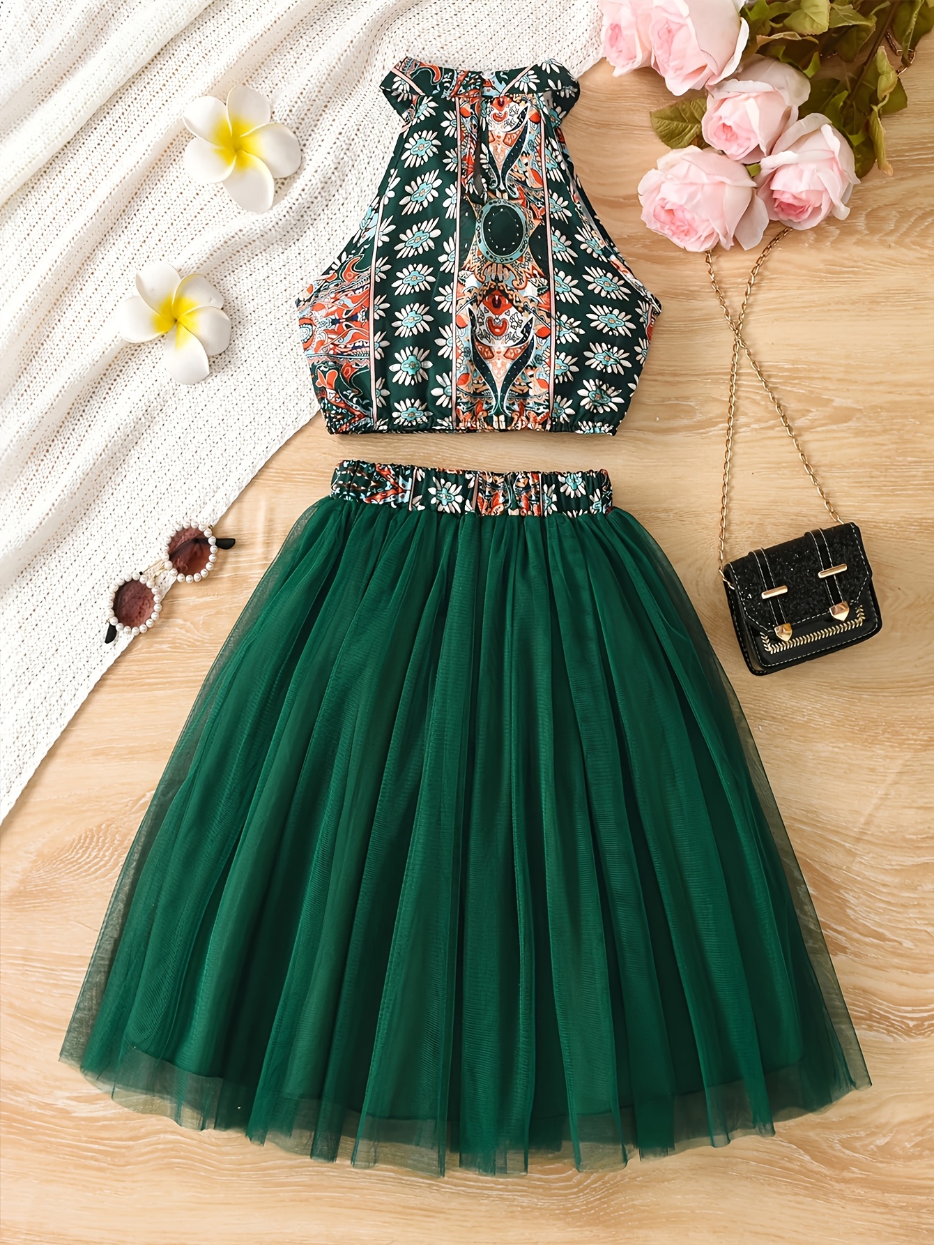cute female dress set High-Scoring Girls' Dress Set: Floral Print Spaghetti Strap Tank * + Mesh  Skirt, Elegant * Cute Sunny Casual Comfortable Vacation * Style
