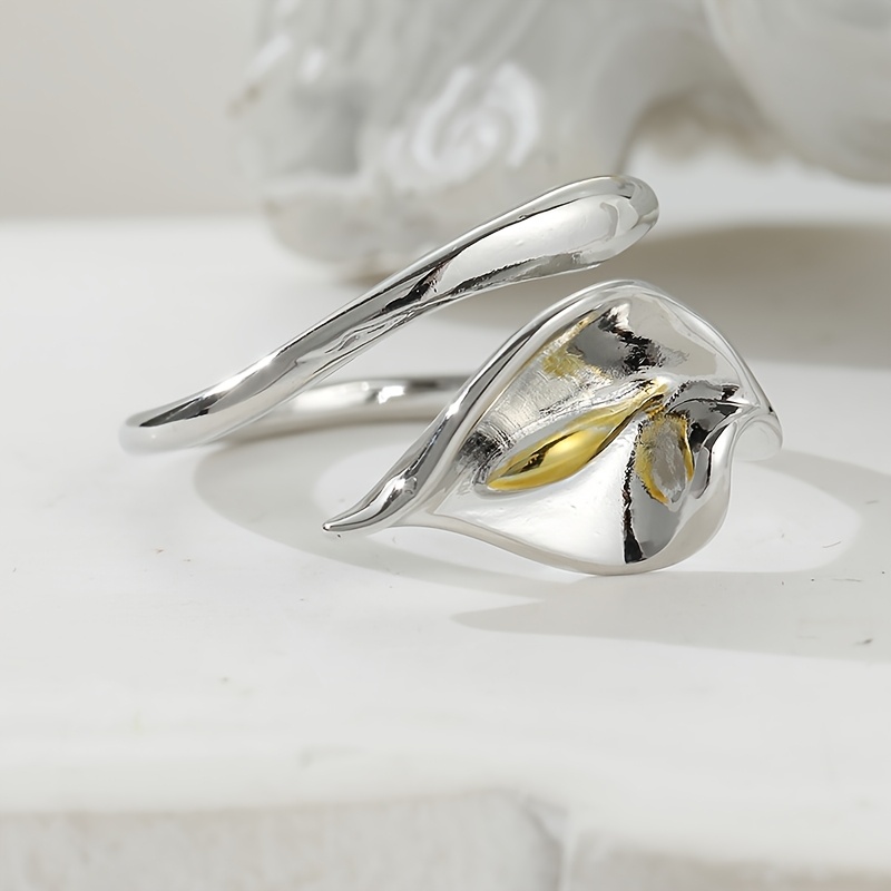 TEMU For Silvery Color New Calla Lily Flower Adjustable Rings For Women Engagement Dating Hypoallergenic Fashion Jewelry