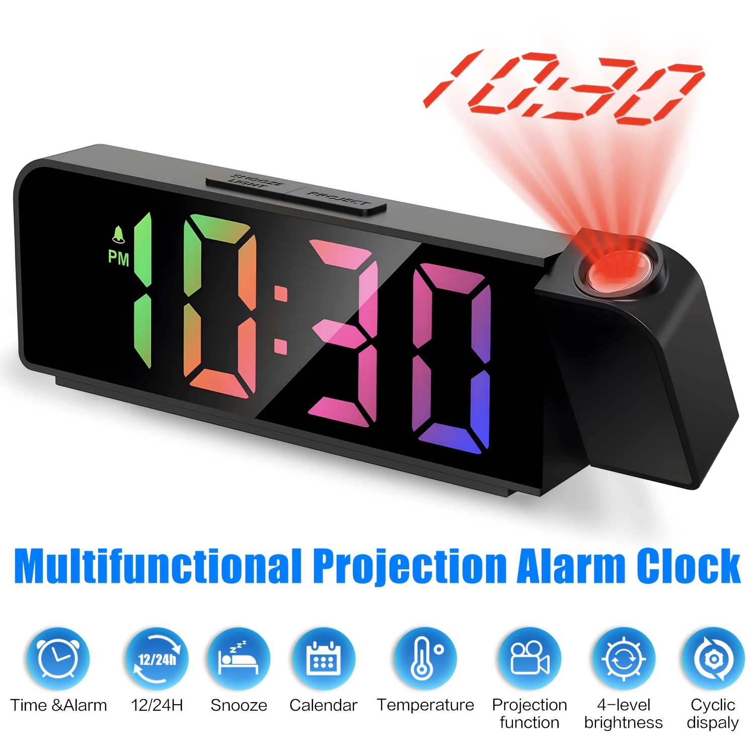 TEMU Black Projection Alarm Clock, Multifunctional Led Digital Clock With Colorful Light, Usb, Displays Year, Date, Temperature, Adjustable