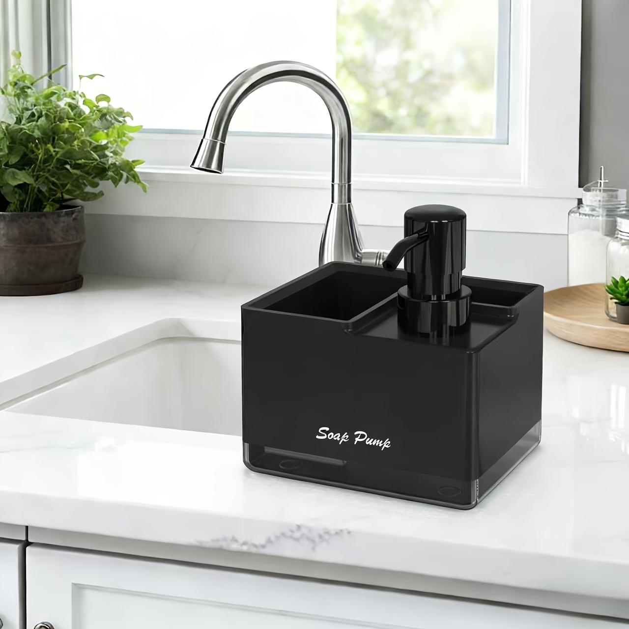 TEMU Multifunctional Hand Soap Dispenser With Built-in Sponge Holder - Countertop Organizer, Leak-proof Pump Head, Battery-free, Space- Storage For