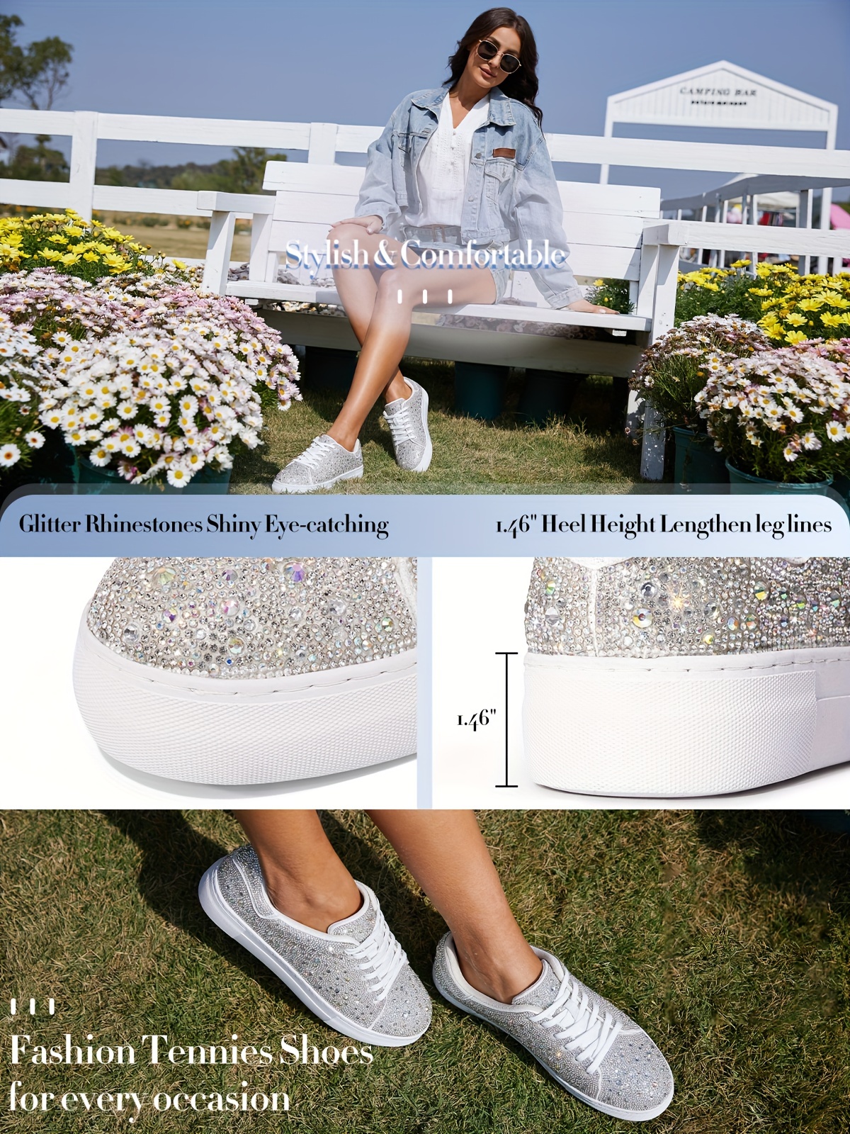 Rhinestone Sneakers For Women, Glitter Sparkle Tennis Shoes Platform ...