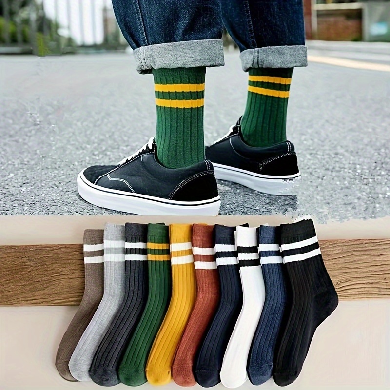 

5 Pairs Men'-inspired Athletic Socks, Sporty Striped Pattern, Woven Polyester With Elastane & Spandex, Casual Autumn And Winter Style