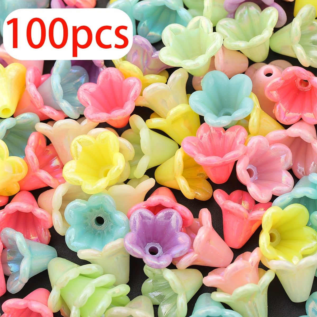 TEMU 100pcs Random Colors 13*10mm Trumpet Flower Spacer Beads, Flower-shaped Loose Beads, Iridescent Small Flower Beads With Straight Holes, Pierced