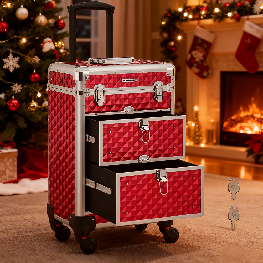 Image of Makeup Trolley, Makeup Case On Wheels, Beauty Trolley With 2 Drawers, 34 X 24 X 56cm, 360?rotatable Castors, For Hairdressers, Makeup Artists, Gift