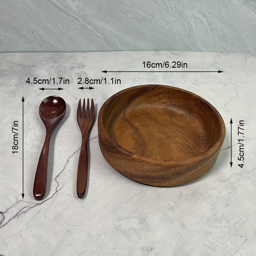 Image of 3pcs Set, 1pc Wooden Tray And 1pc Spoon And 1pc Fork, Round Creative Easy Walnut Dessert Salad Bowl Wooden Plate Fruit Plate Tableware Set