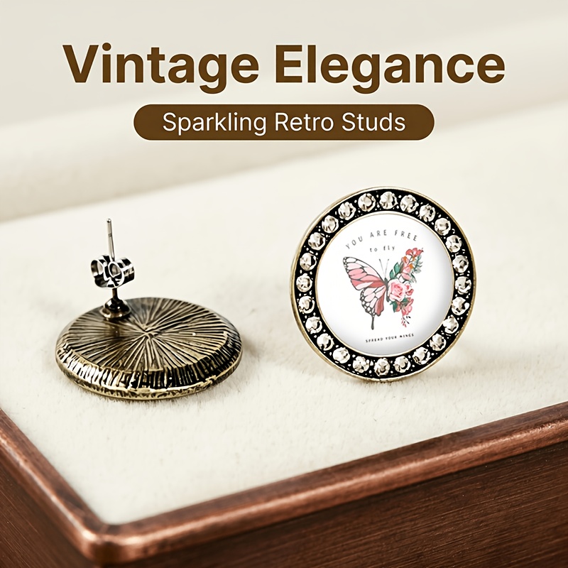2pcs Transparent Glass Inlaid Stud Earrings Set, Butterfly & Rose