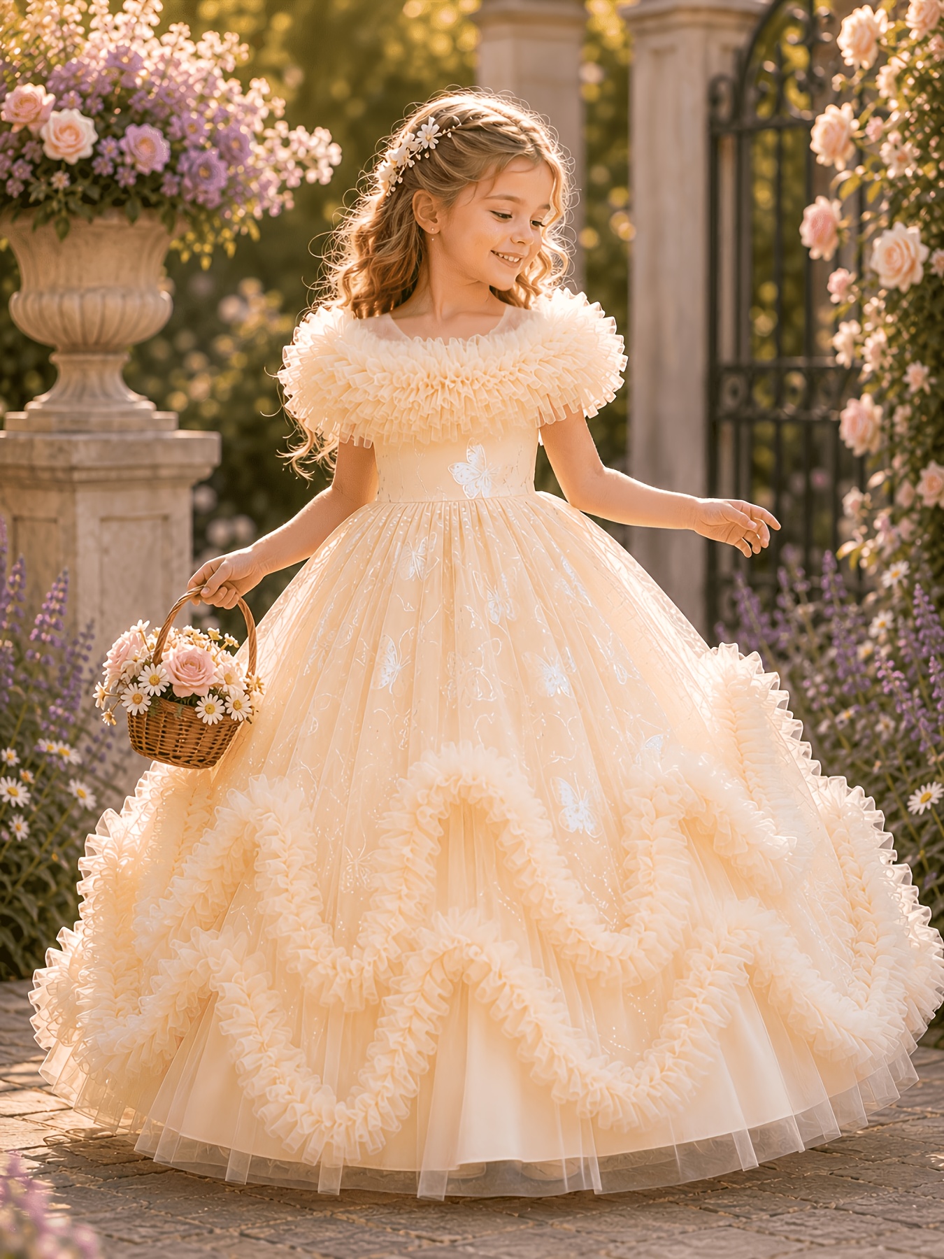 Vestido de Princesa para Meninas com Saia Estampada com Borboletas 3