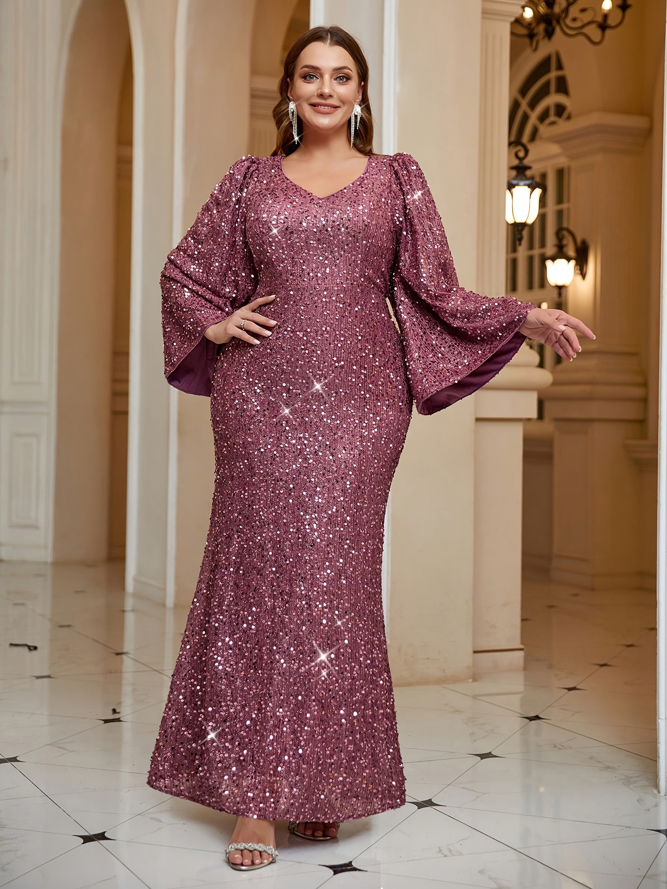 plus size womens elegant v neck sequin long sleeve flared Temu
