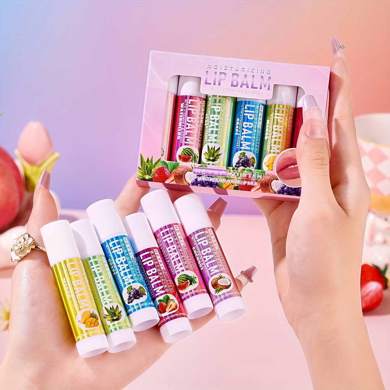 6 pack fruit flavored lip balm gift set unisex natural   moisturizing lip   with watermelon coconut aloe grape mango strawberry alcohol   skin types