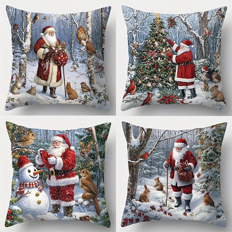 

4 Pcs Santa Claus, Christmas Tree & Snowman Printed Pillowcases - 17.72 X 17.72 Inches, Suitable For Room Decoration, No Pillow , Hand Wash Only, Contemporary Style, Zipper Closure, Polyester Cover