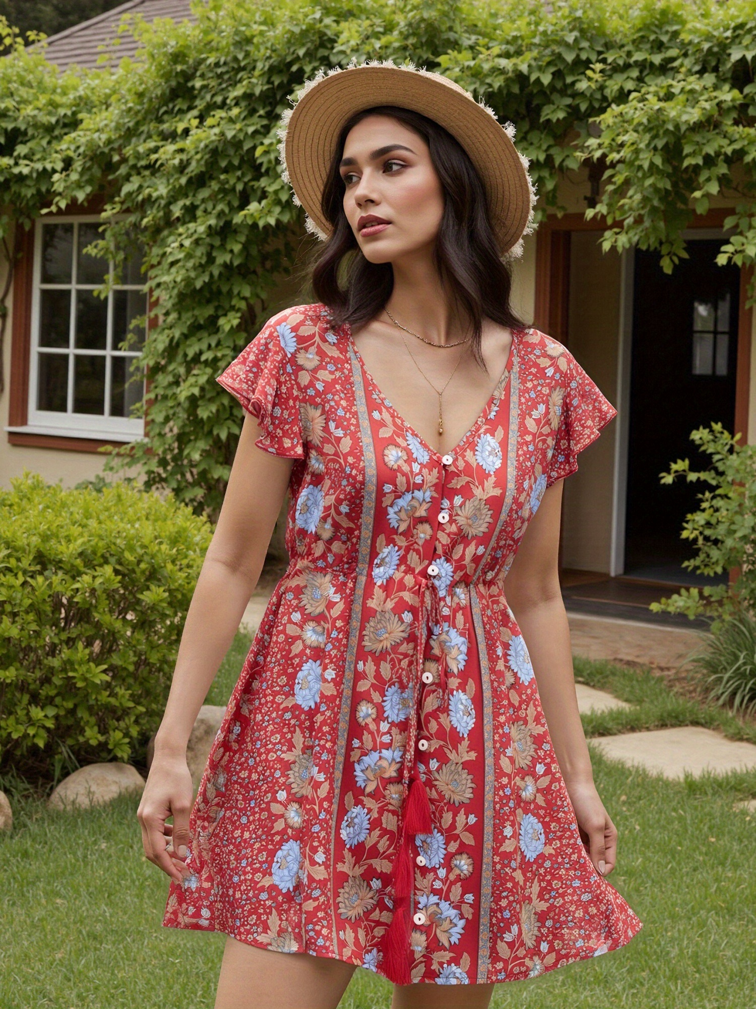 womens bohemian y2k floral print mini dress flutter sleeves - Temu