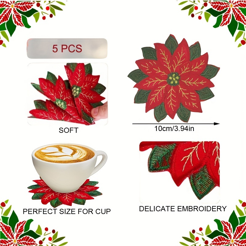 1 Set Of 5 Christmas Embroidered Coasters, Christmas Table Decoration, Christmas Party Decoration