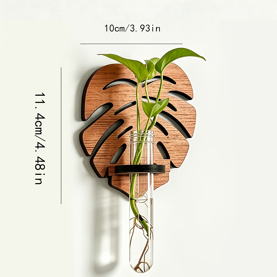 TEMU de propagation hydroponique murale, avec motif de feuille de Monstera en bois - Support vertical suspendu pour tubes à et pot de fleurs, idéal
