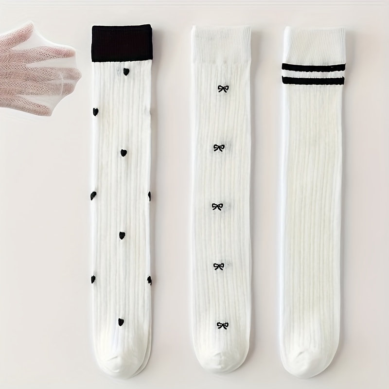 Image of 3 Pairs Of Girls' Long Tube Socks, Summer Thin Children's Knee-high Mesh Socks, School-style Calf Socks For Girls