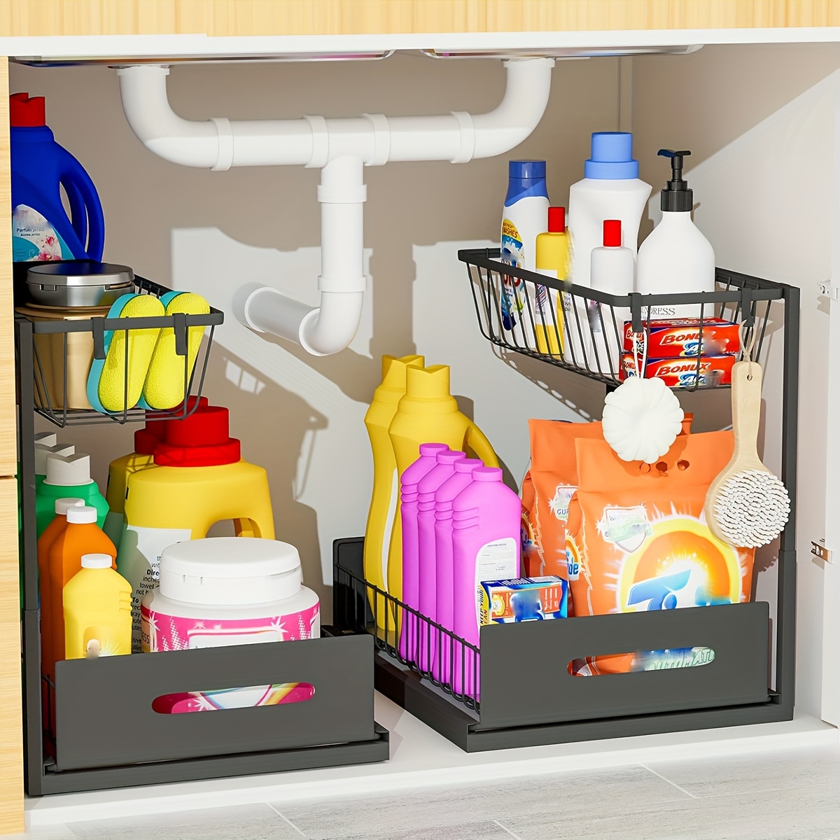 Pack Under Sink Organizers And Storage, Pull Out Cabinet Organizer,  2-Tier Sliding Out Kitchen Basket Sink Shelf Cabinet Organizers Adjustable