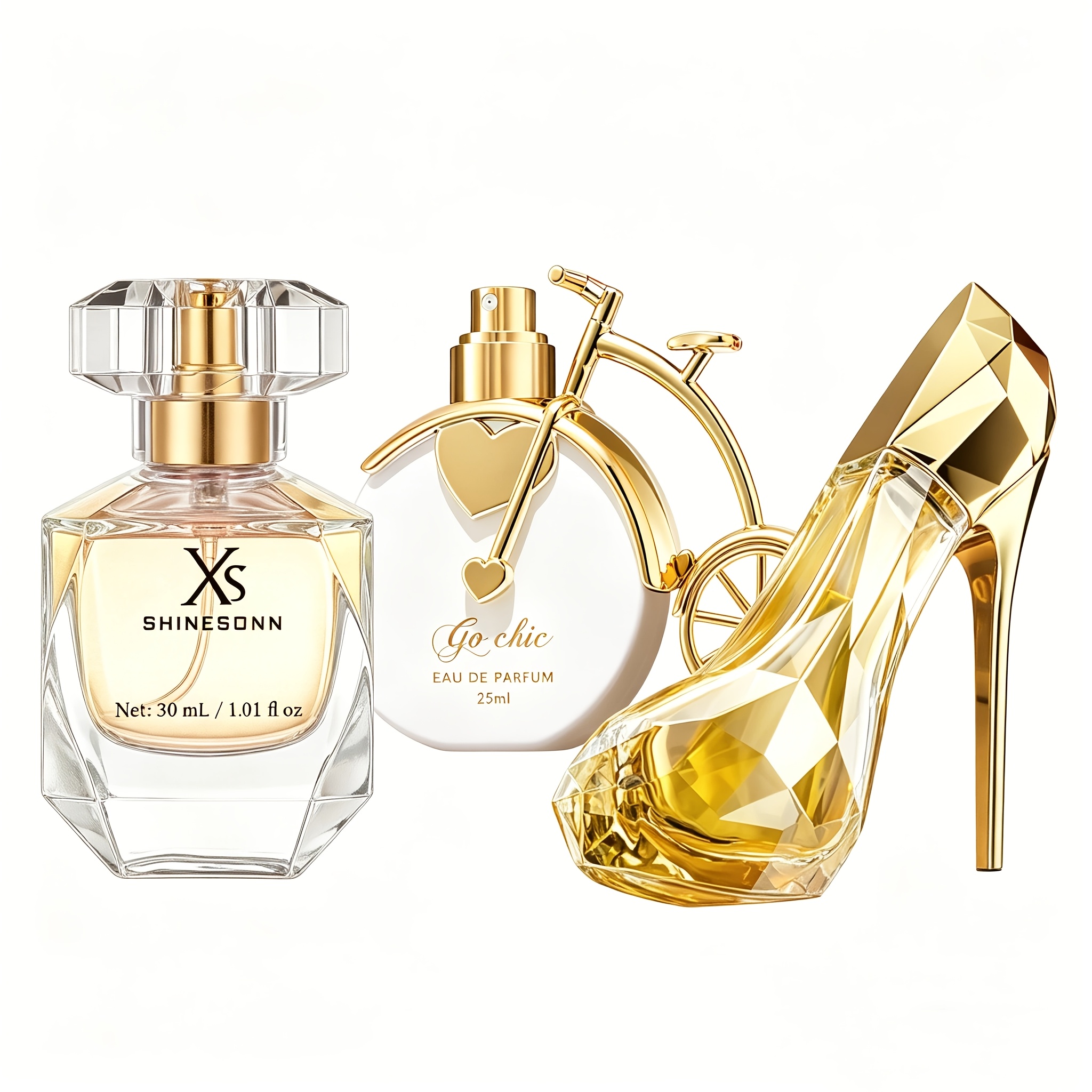 Image of 3pcs Perfume Set | Bike Perfume Oriental Floral Scent, High Heel Perfume Fruity Gourmand Scent, Golden Diamond Perfume Fresh Scent, Long-lasting Fragrance, Perfect For Dating, Daily Wear And Gifting