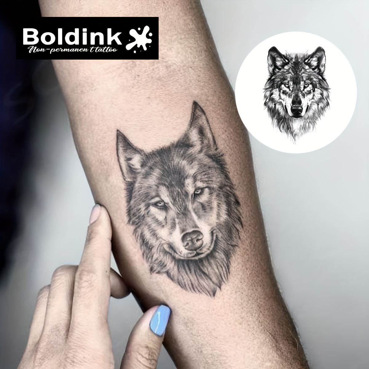 Boldink Temporary Tattoo With Realistic Wolf - Permanent Suitable For Look - Long-lasting 1-2 Weeks, Waterproof & Natural- Body Sticker For Parties, Festivals, Casual Attire - Application & Removal