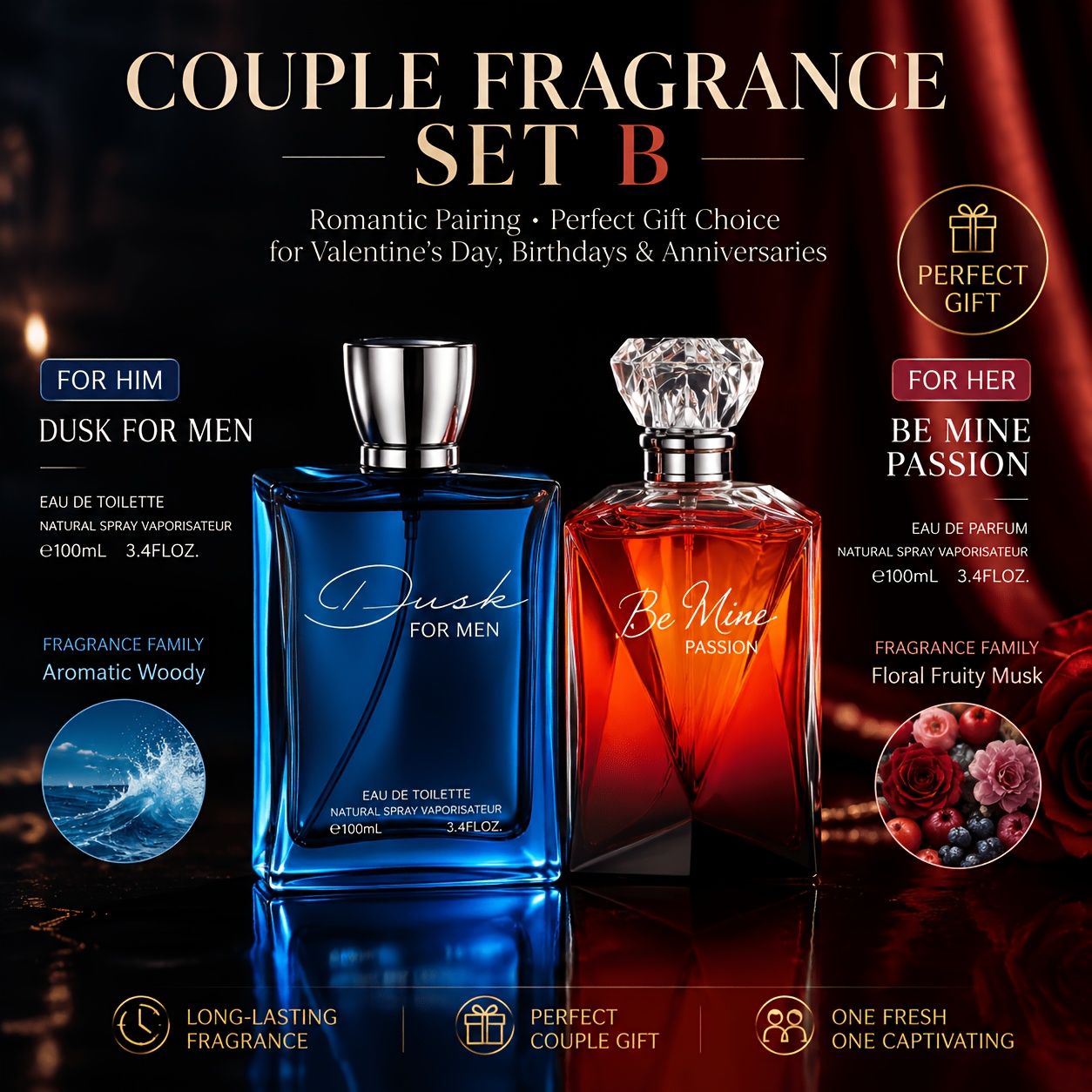 TEMU 2- ' Couple Perfume Gift Set - 4 Fragrance Variants Suitable For Date, Daily Work, Evening Party, Luxury Eau De Parfum With Floral Scent