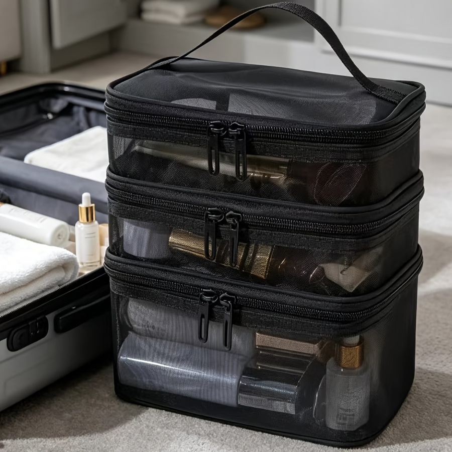 TEMU 3-tier Makeup And Toiletry Bag, Foldable Transparent Gauze Style, Good-looking And Durable, Bedroom, Dressing Table, , Travel, Back-to- Toiletry