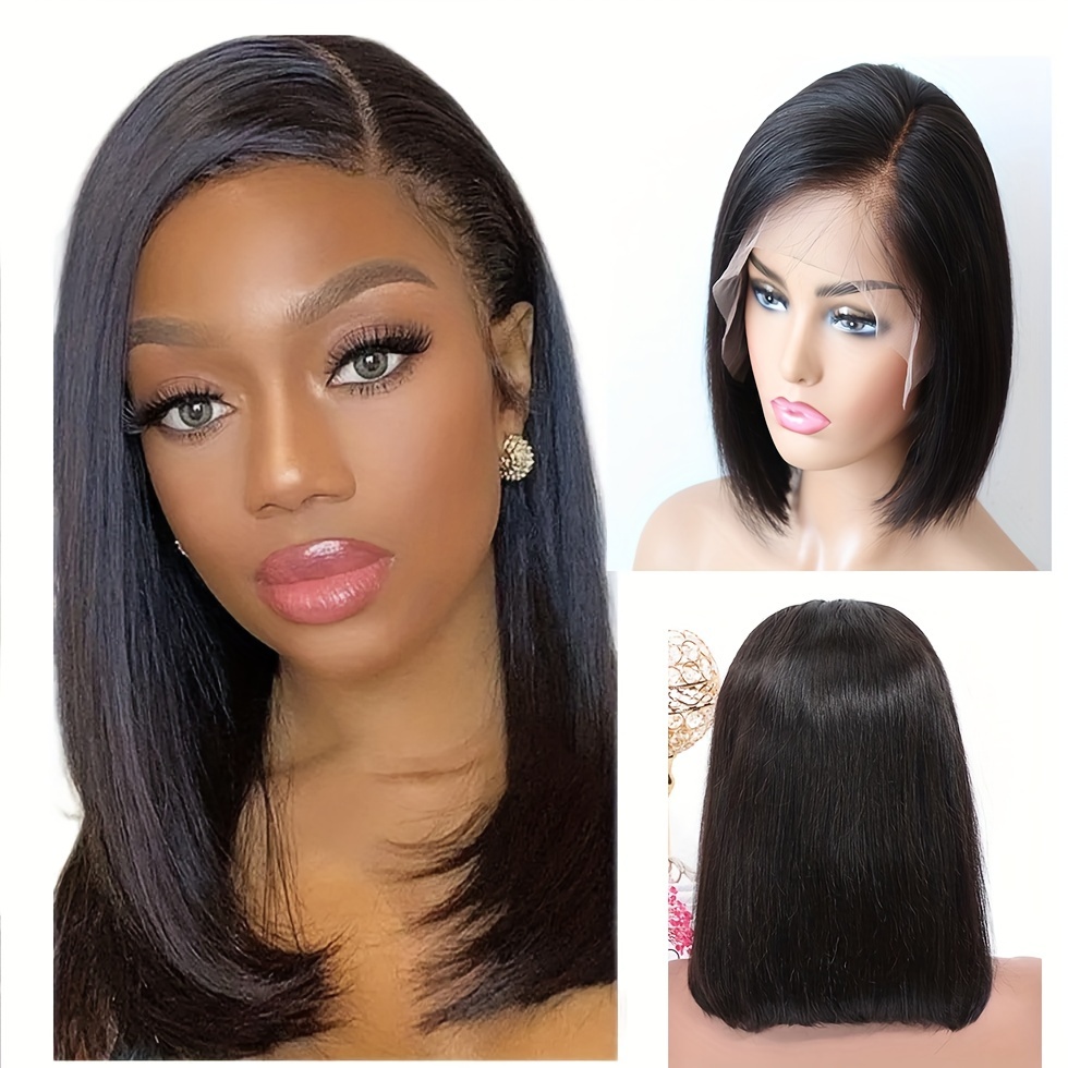 Perucas Bob curtas sem cola para mulheres negras, cabelo humano lace  frontal, perucas de cabelo virgem brasileiro não processado, perucas com  tela frontal 4x4, fecho de renda, Bob