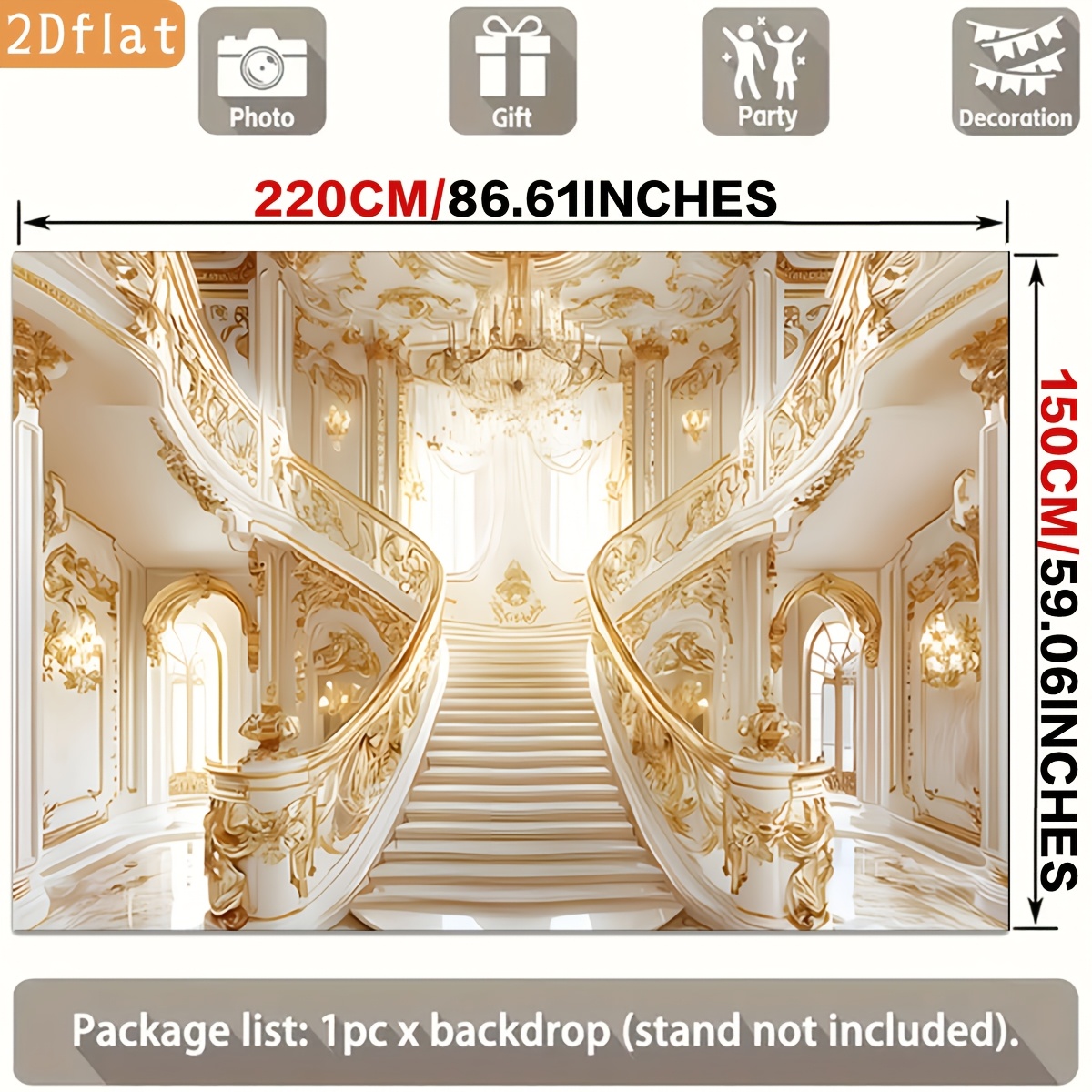 Golden Ornate Staircase White Marble Chandelier Backdrop Banner for Parties