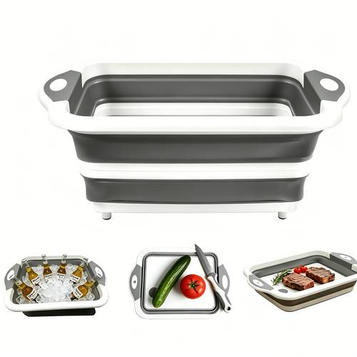 foldable large barbecue prep bucket with cutting board multifunctional grill with strainer and lid portable silicone bowl for picnics tailgating and camping gray