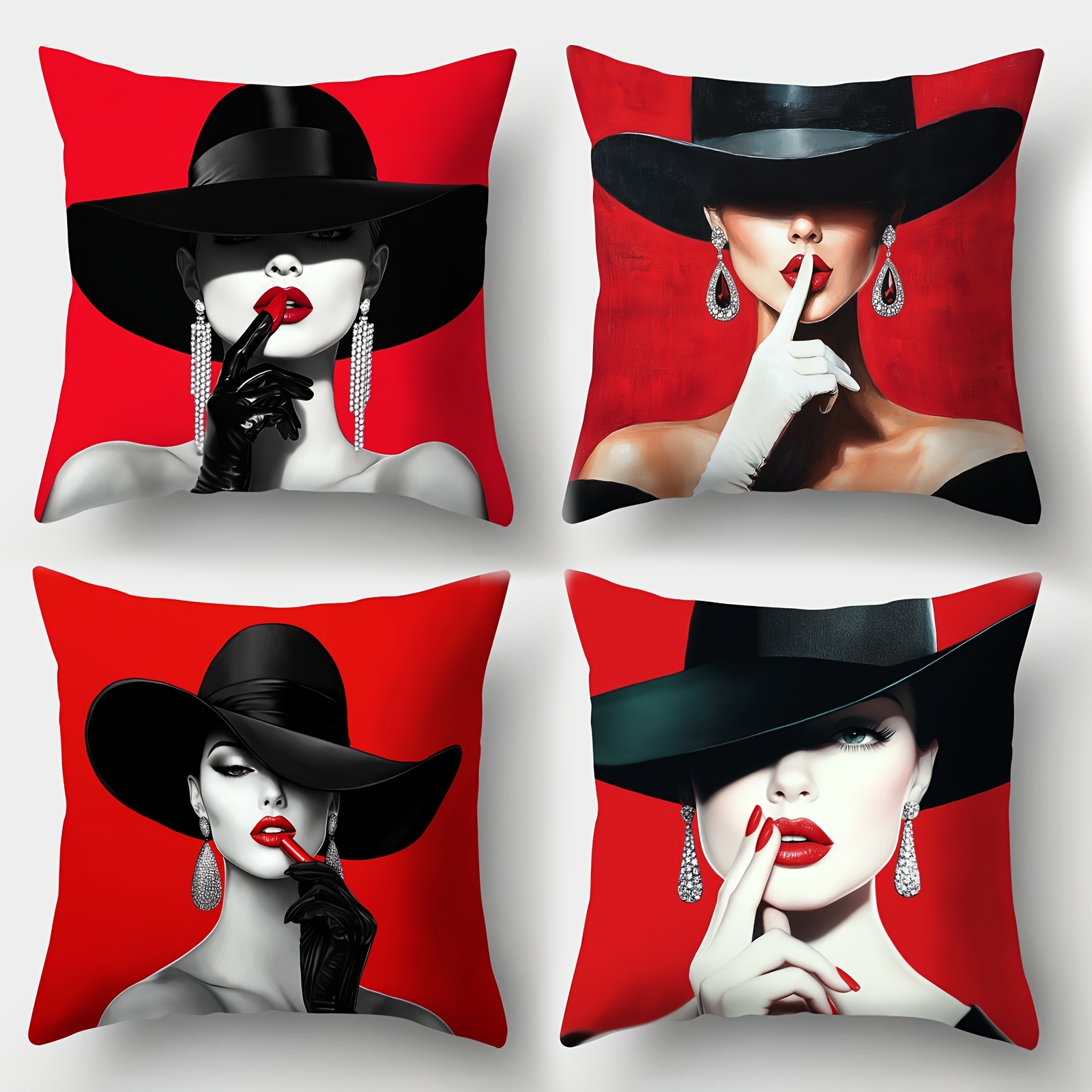 E-shop 4er-Set Kissenbezüge "Rote Lippenfrau" Kunst, Sofa Kissenbezug für Feiertagsdekoration, Wohnzimmer Deko, Büro Deko, Wohnzimmer Deko, Sofa Deko
