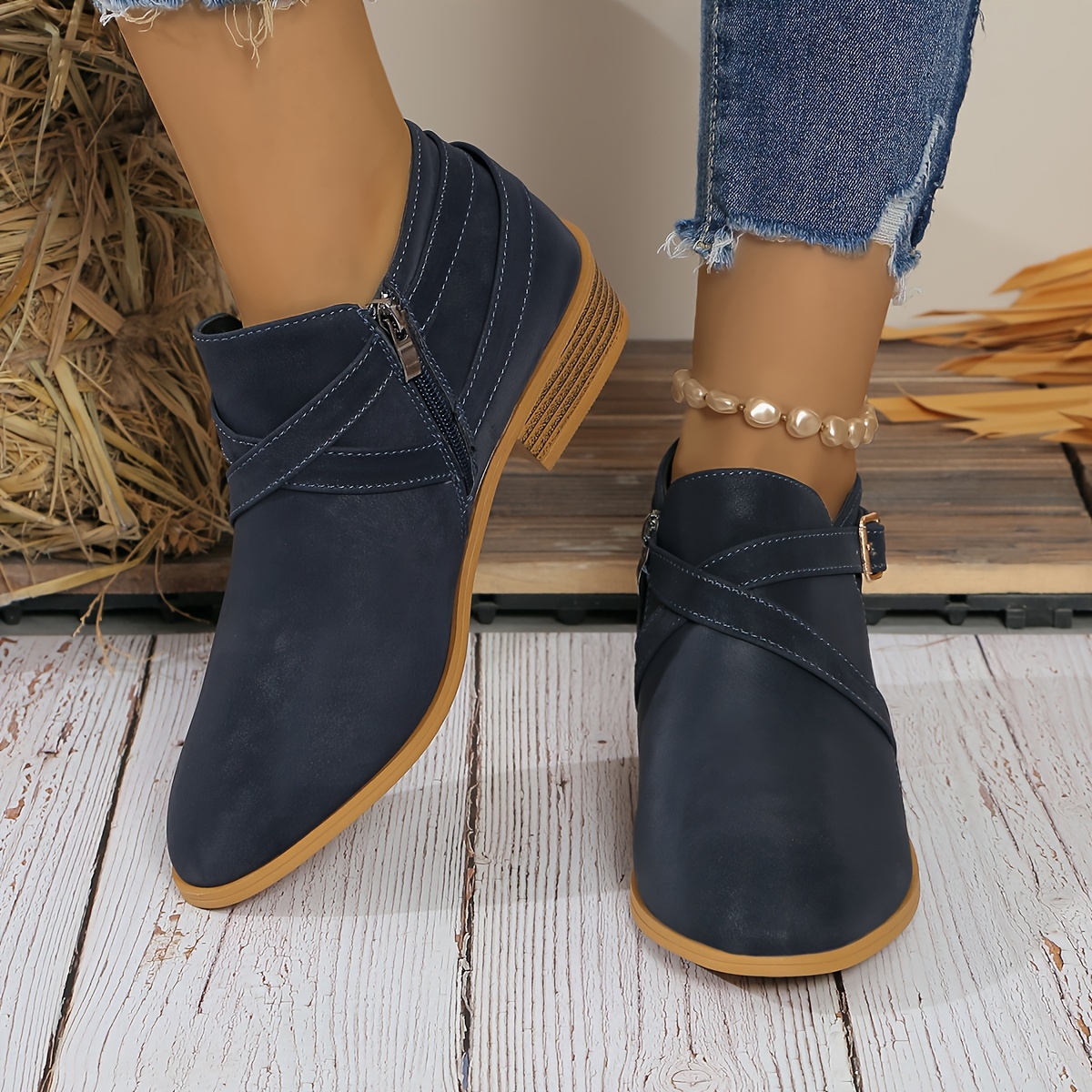 womens plus size ankle booties solid color round toe with zipper closure french heel man made upper fabric lining insole tpr sole fashionable autumn winter footwear Product details 7