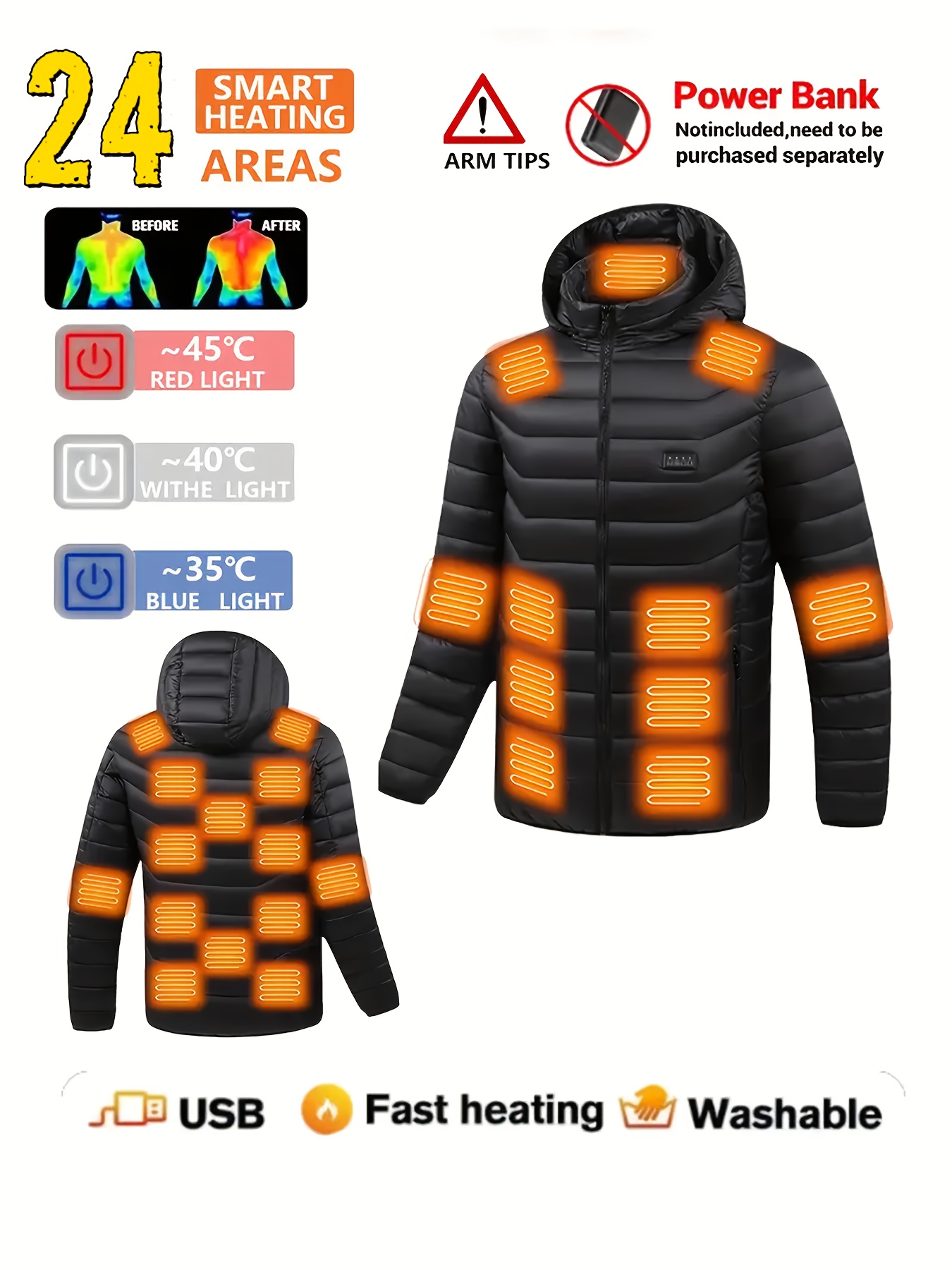 adjustable temperature heating jacket with 24 areas for men and women outdoor     heating suit usb electric hooded jacket power supply not included details 2