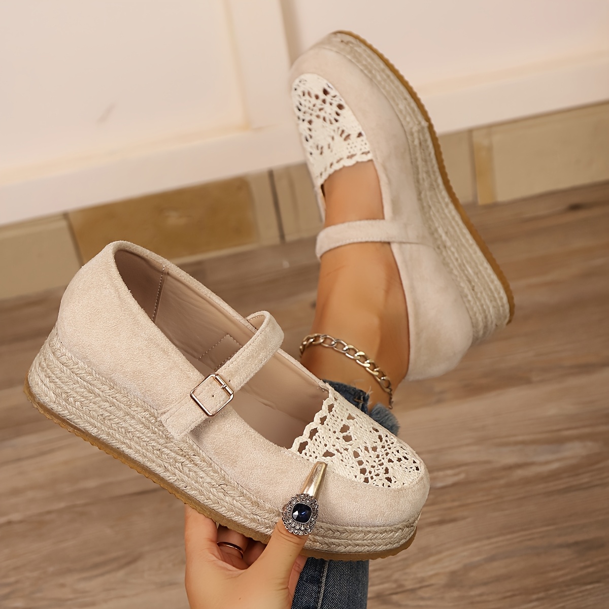 zapatos de cuña de espadrille tejidos para mujer - zapatos   de punta redonda con correa trenzada, parte   de tela beige y forro de cubierta sintética, ideales para atuendos casuales o  , calzado casual | zapatos de cuña   | forro de cubierta sintética, zapatos con correa 0