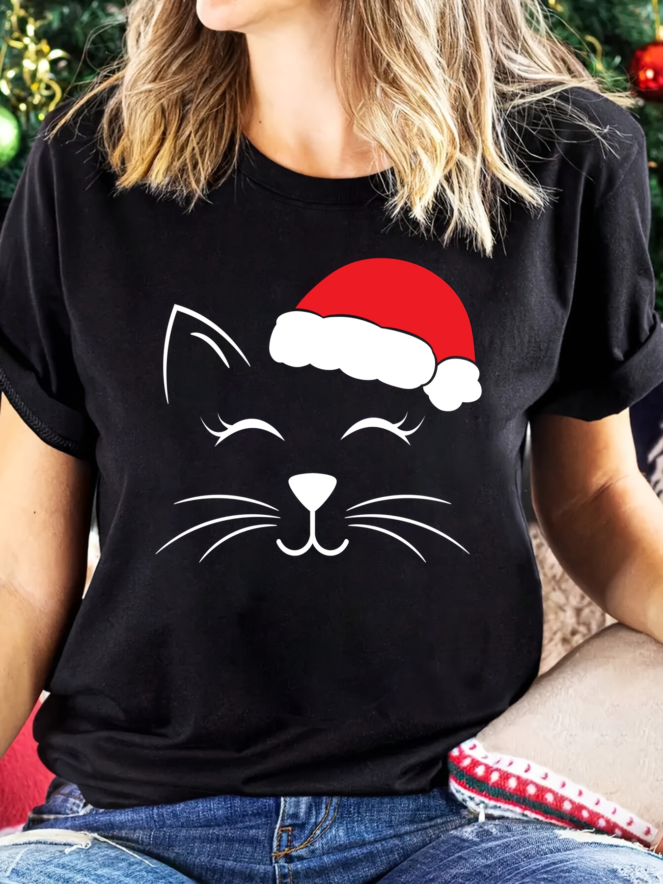 womens festive christmas cat t shirt cartoon white line cat Temu