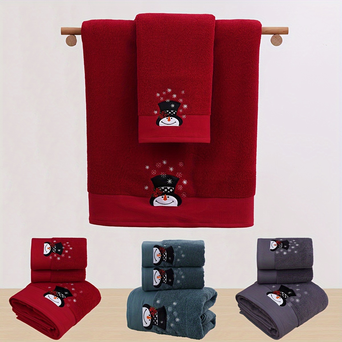 

Qibhi Christmas Holiday 3- Bath Set - 100% Embroidered Snowman Towel , 2 Towels Bath Towel, 450 Gsm , Bathroom , Couple's