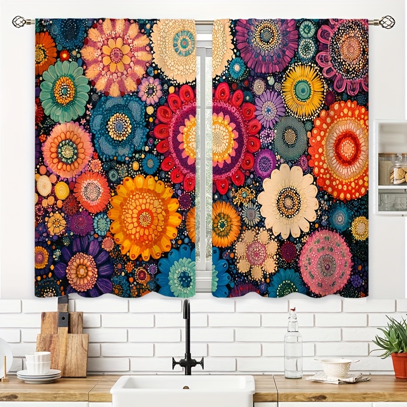 TEMU 2pcs Colorful Intricate Illustration Kitchen Printed Curtains Small Short Cafe Curtain Rod Pocket Bathroom Curtain Treatments Tiers Room Office