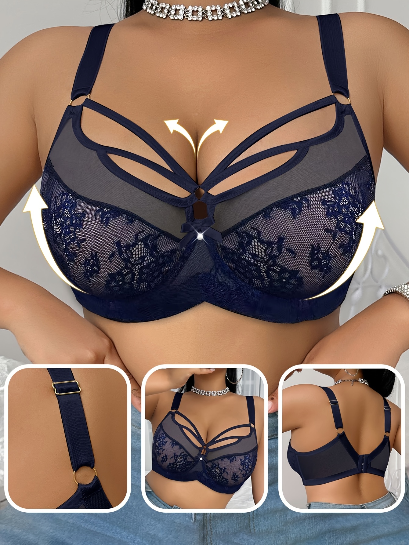   de encaje para mujer de talla   - elegante encaje floral  , sin relleno, aro interior de elasticidad media, dise&ntilde;o   y elegante para vestimenta casual, lencer&iacute;a c&oacute;moda | encaje floral |   de elasticidad media 4