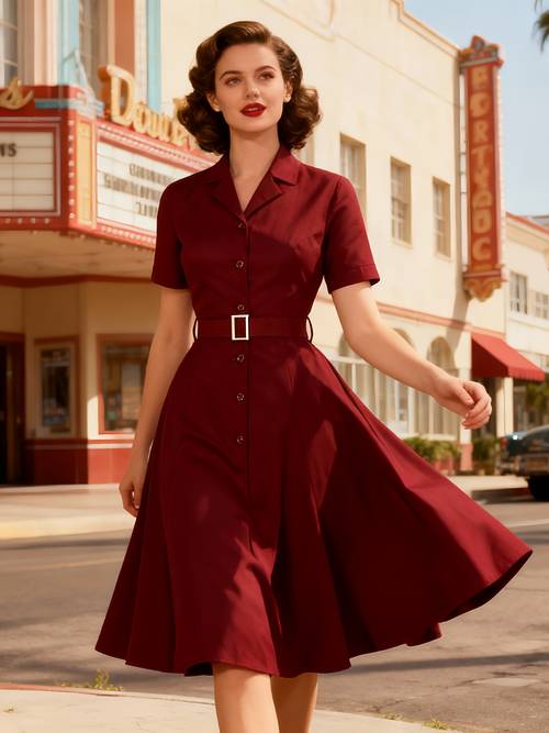 women notched collar single breasted belted women solid plain vintage a line dresses