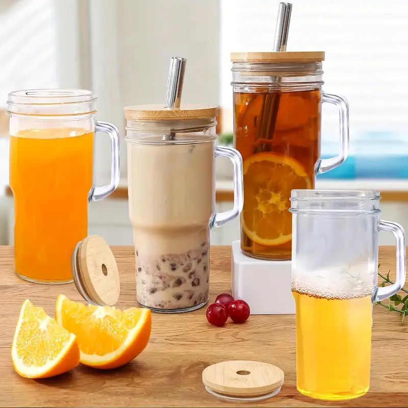 2 4pcs 24oz glasses with lids and straws wide mouth glasses with bamboo lids and straws iced coffee mugs cold drink mugs beer mugs Product details 5