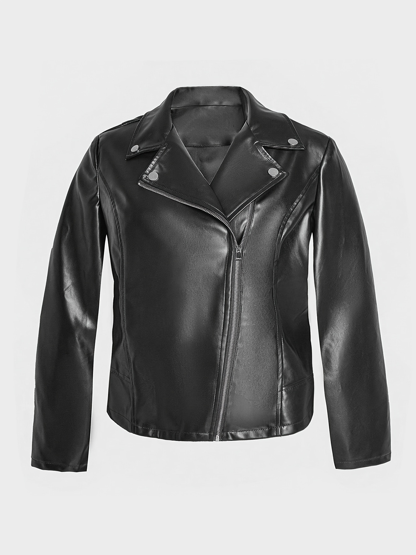 1pc Elegant Women'S Plus Size Polyester Leather Jacket Lapel Collar  Stretch, Solid Color, Woven Fabric, Fall/Winter Outerwear