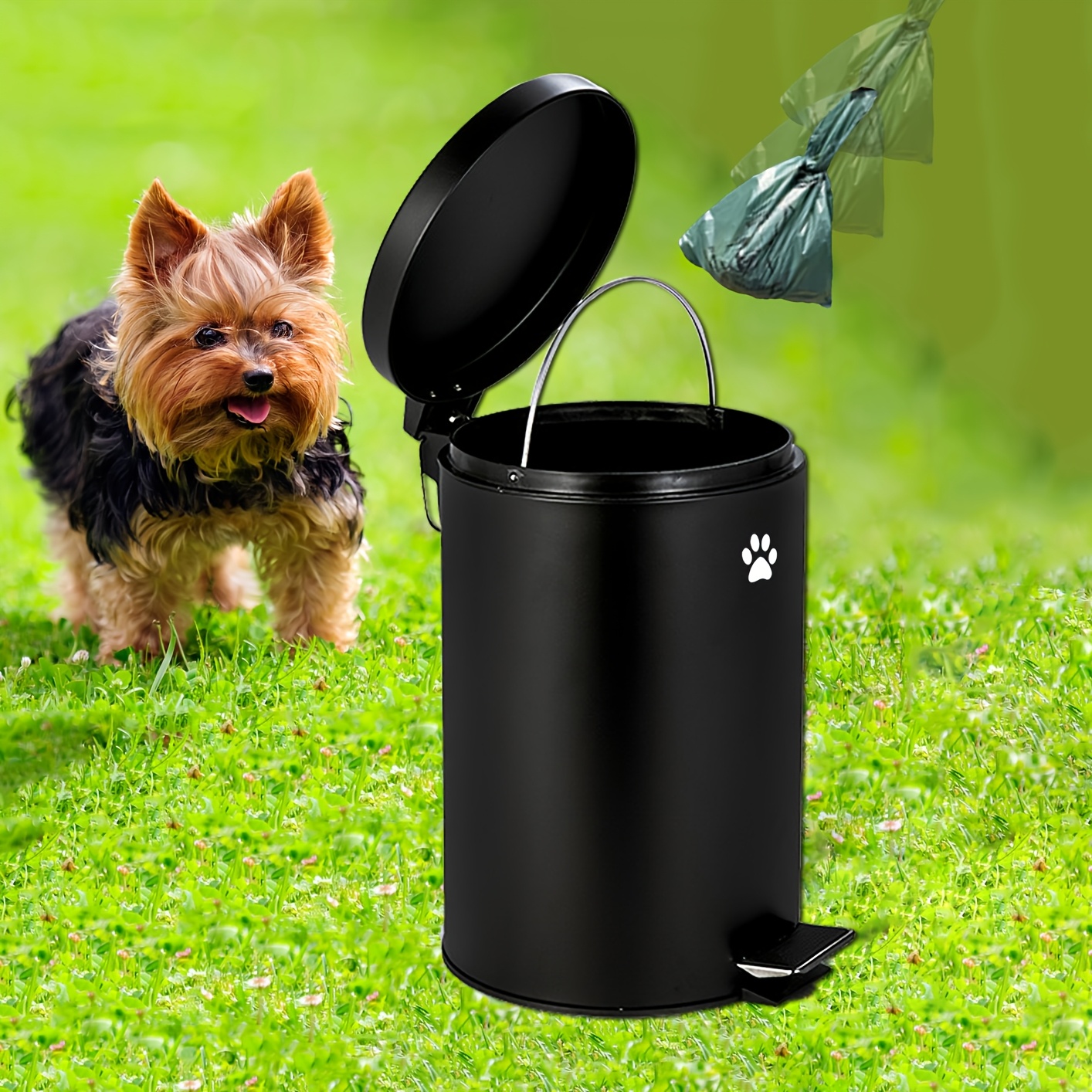 4.92 L Metall-Hundehaufen-Mülltonne mit Deckel, kleiner Abfallbehälter für draußen, Geruchsschließender zylindrischer Haustierabfallbehälter mit Pedal, Varnierter Finish, Keine Elektrizität erforderlich
