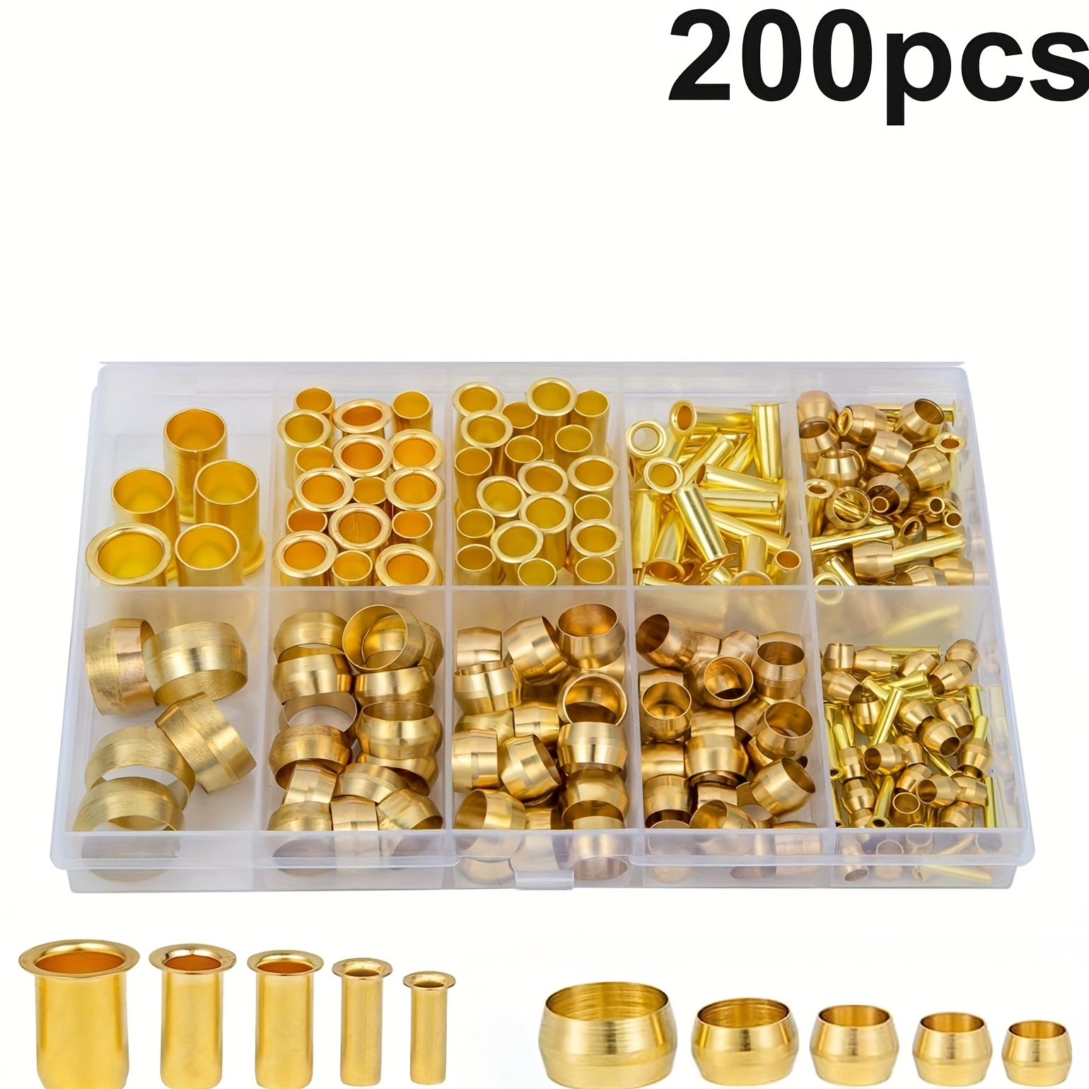 Image of 200pcs Brass Compression Sleeves Ferrules Kit - 6 Sizes Tube Od 1/8" 3/16" 1/4" 5/16" 3/8" 1/2" Compression Fittings Assortment Kit For Connecting Air, Fuel, Water, Oil