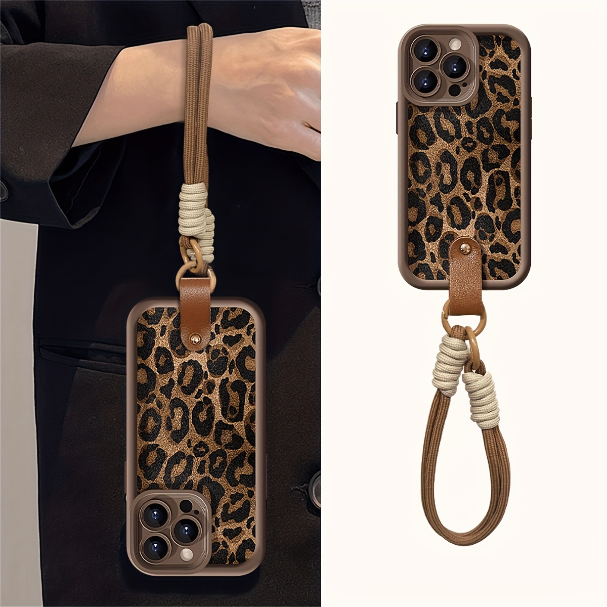 

Retro Leopard Print Phone Case For 15 14 11 Pro Max X Xr Xs Max Nylon Wristband Strap Shockproof Tpu Soft Back Cover