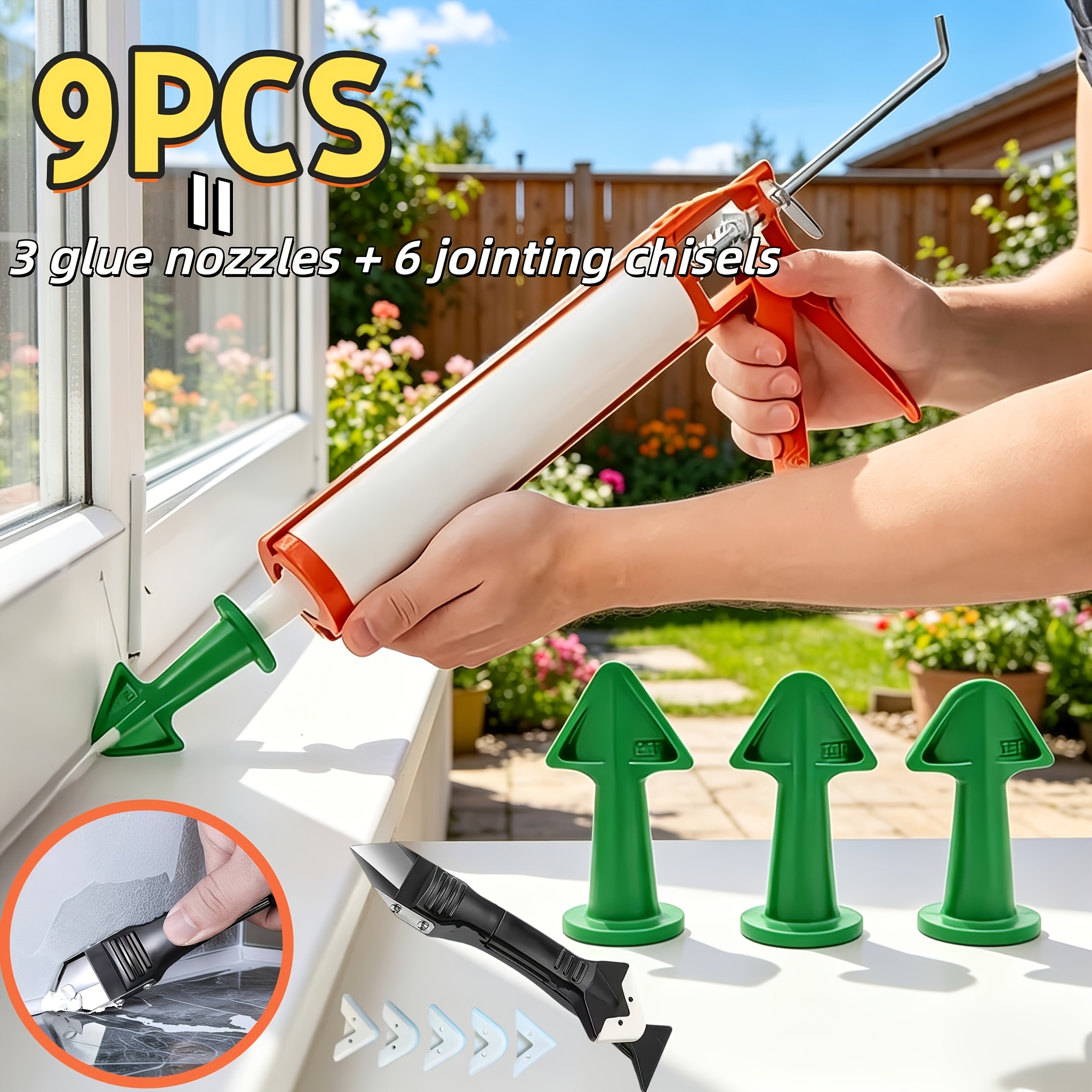 TEMU 9pcs (3 Glue Nozzles + 6 Jointing Chisels) Silicone Sealant Edge Sealing Nozzle Tools, Reusable, Multi-angle Sealant Application Heads, Suitable