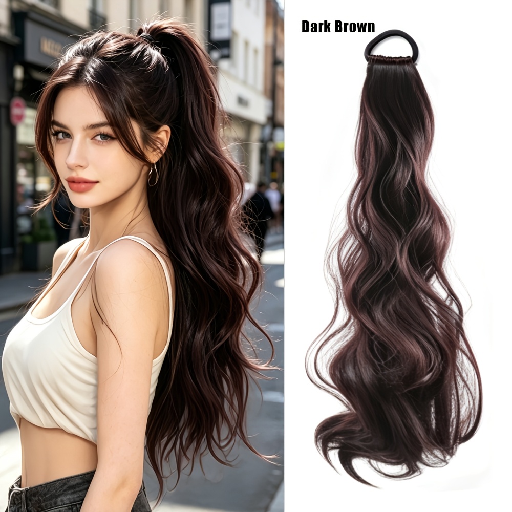 TEMU 24-Inch Lange Golvende Paardenstaart Haarverlenging, Elastische Band Synthetisch Haarstuk, Krullende Paardenstaart Pruik voor Vrouwen Dagelijkse