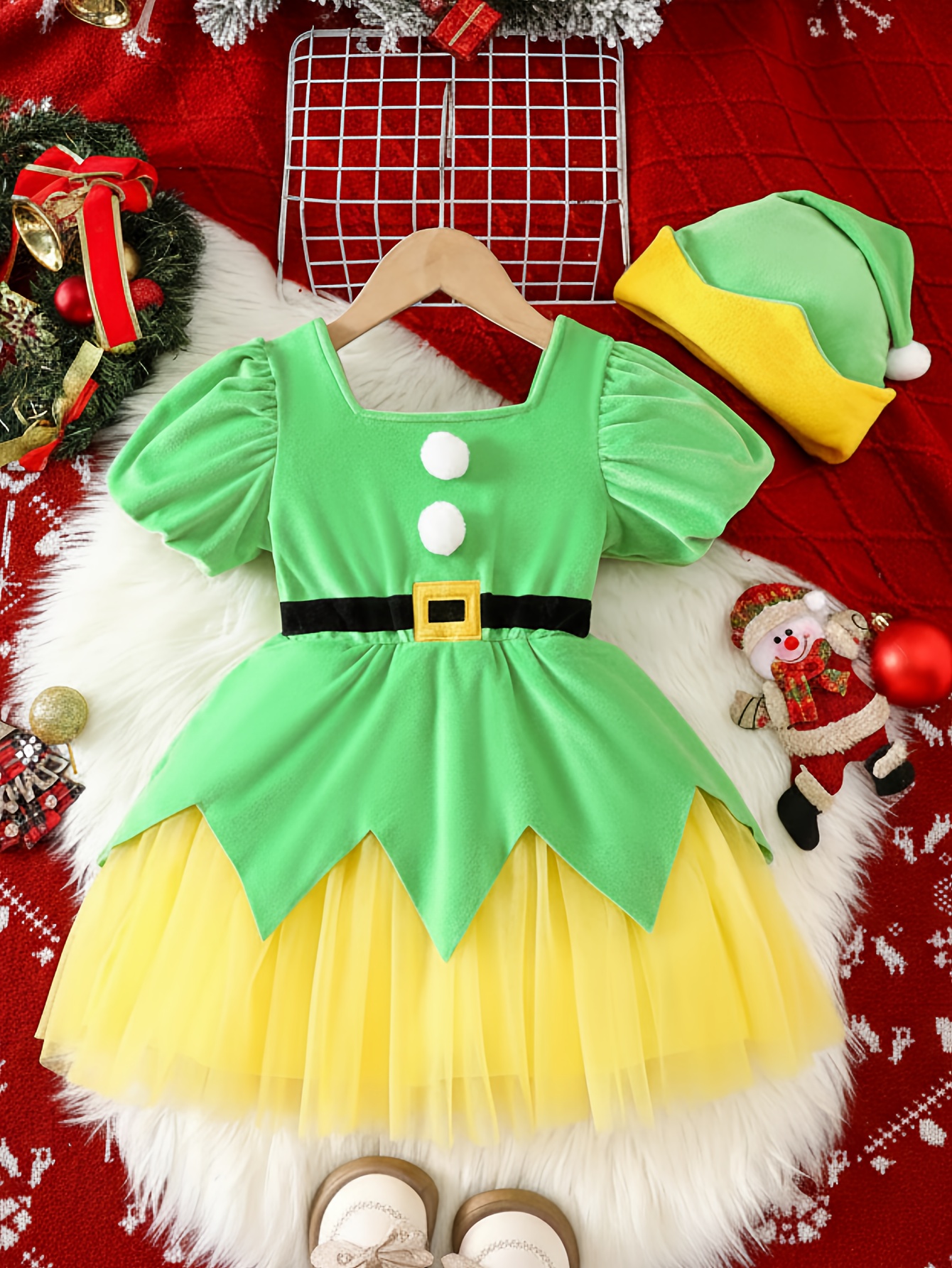 Set of 2 Christmas Fairy Outfits for Girls, Featuring Short-Sleeved Elf Costumes, a Princess Dress with a Santa Hat * Halloween And Birthday Parties