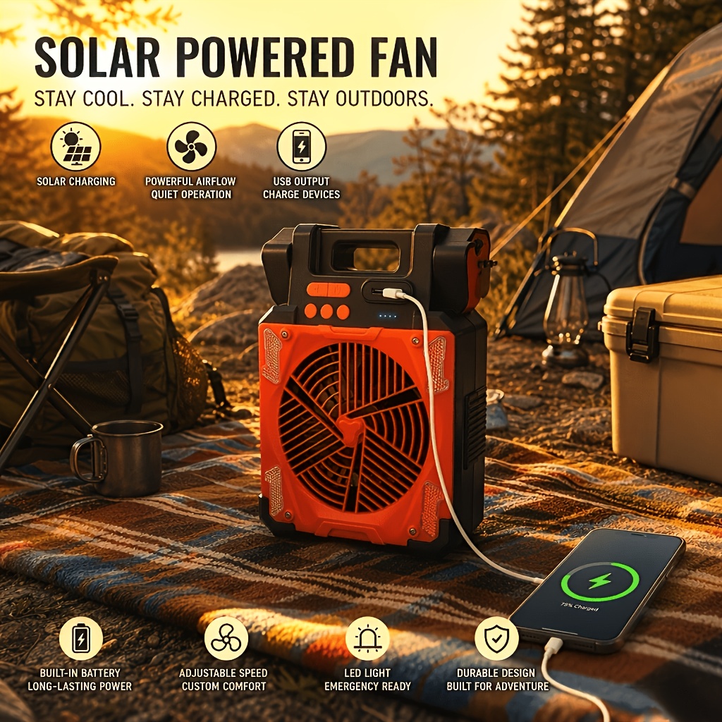 TEMU 2/1pc Portable Camping Battery Fan With Solar Panel, Rechargeable Fan With Timer Led Light, Small Usb Battery Powered Camping Fans For Travel,